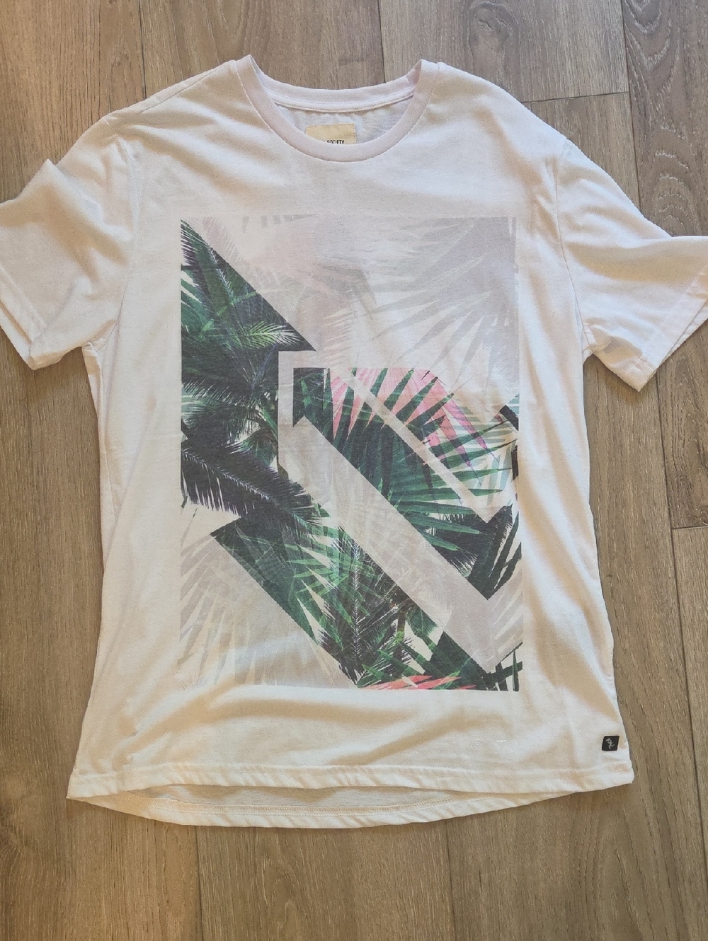 White Short-Sleeve Tee with Green & Pink Palm Print